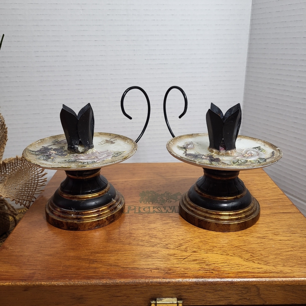 Vintage Pair of Porcelian and Metal Hand Painted Floral Candle Holders